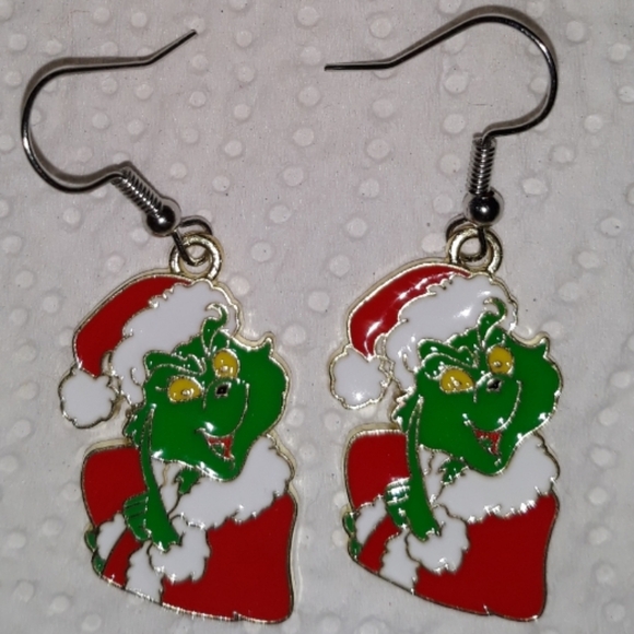 Grinch Dangle Earrings Santa Grinch Head Style NEW - Picture 4 of 7
